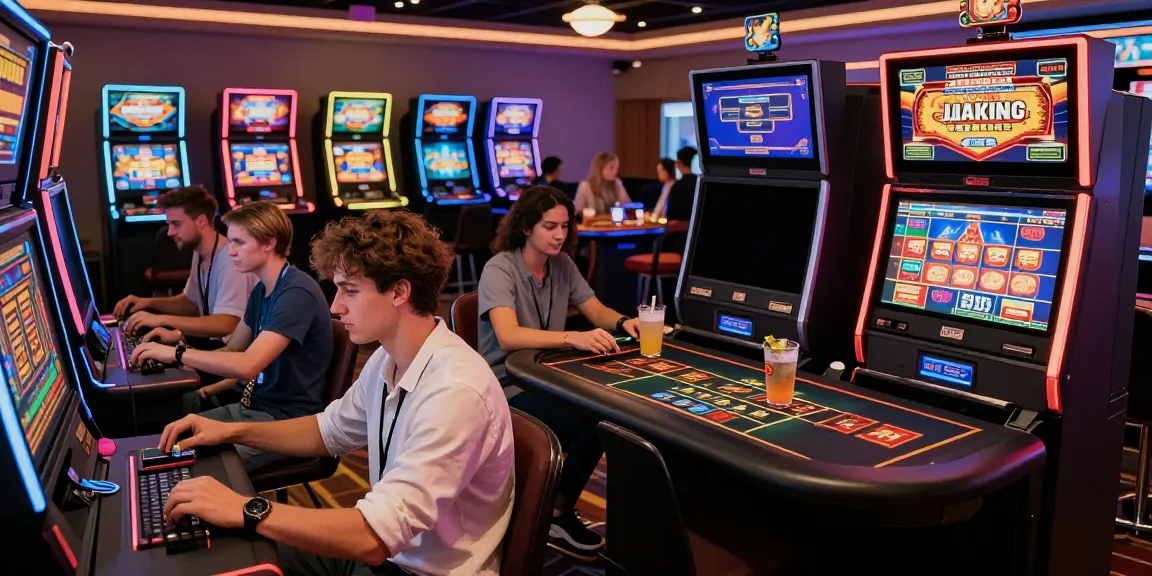 Excited players enjoying credit card casino gaming with vibrant machines and lively atmosphere.
