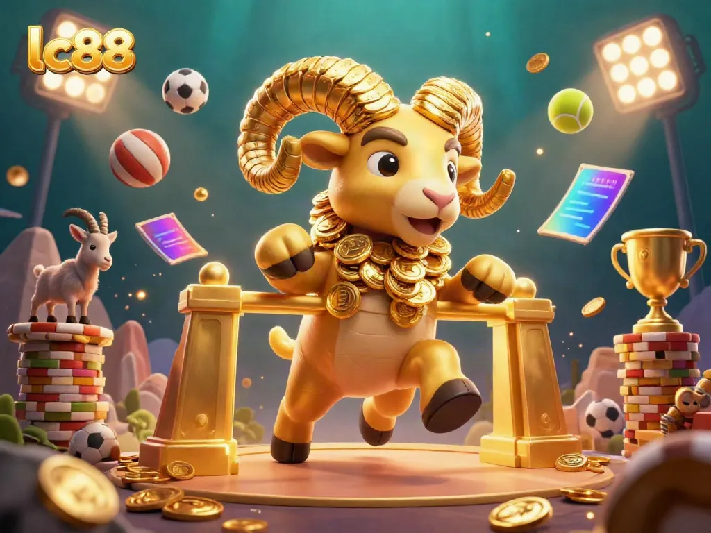 Experience thrilling action with lc88's golden ram in a vibrant casino scene filled with sports elements.