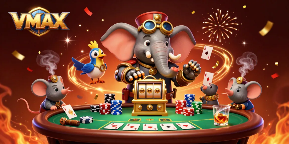 Experience thrilling wins at VMAX with this vibrant casino-themed illustration depicting a steampunk elephant engineer.