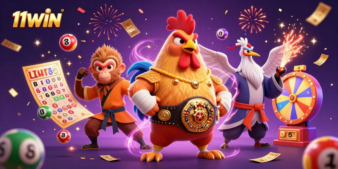 Unleash excitement with 11WIN’s vibrant lottery illustration featuring energetic characters