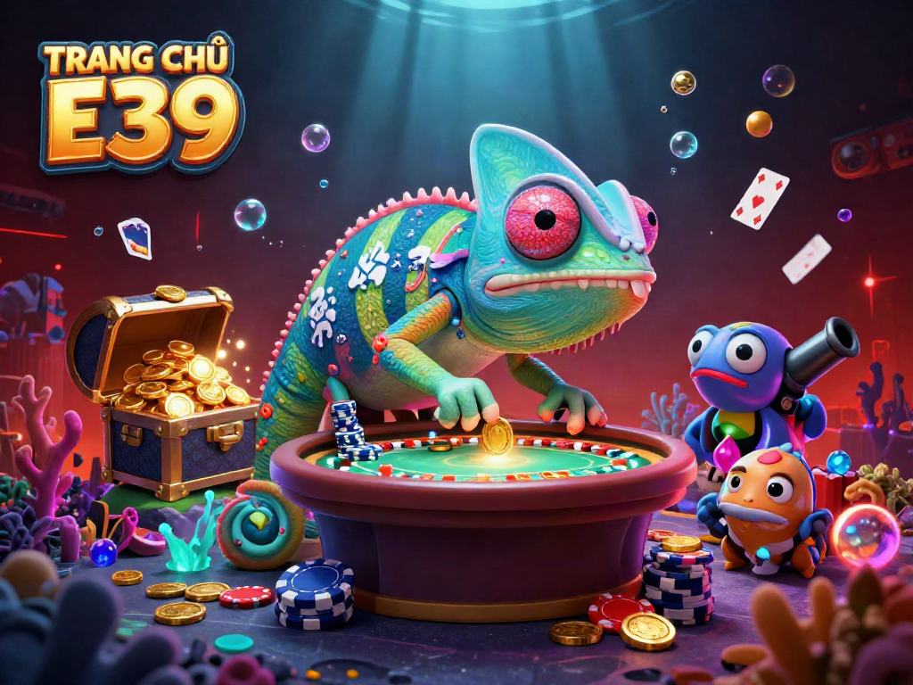 Experience the vibrant world of TRANG CHỦ E39 with a lively chameleon casino owner in action, snapping up coins.