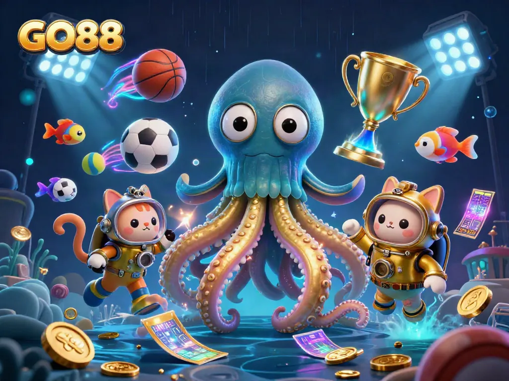 GO88 offers engaging sports betting experiences, featuring dynamic sports elements and a 3D kraken mascot.
