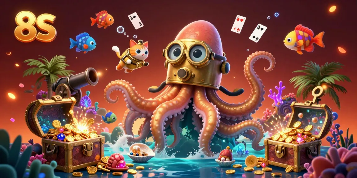 Engage with the exciting 8S casino experience featuring a vibrant underwater scene with a kraken, diving cat, and luminous fish amidst treasure.