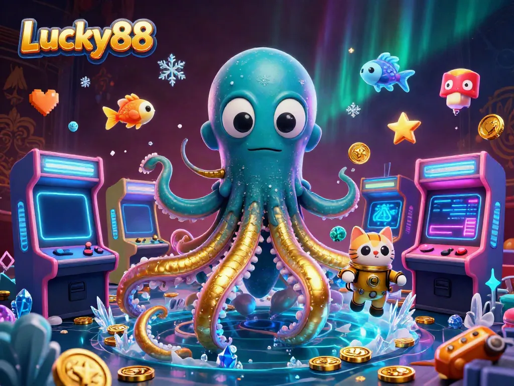 Experience the thrilling gameplay of Lucky88 with kraken and diving cat amid casino elements.