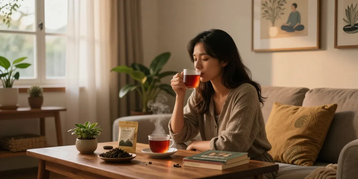 Red Bali kratom tea experience in a cozy wellness space, promoting relaxation.