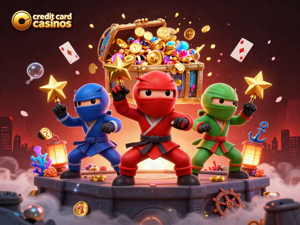 Exciting credit card casinos illustration with animated chameleon ninjas and vibrant casino elements.