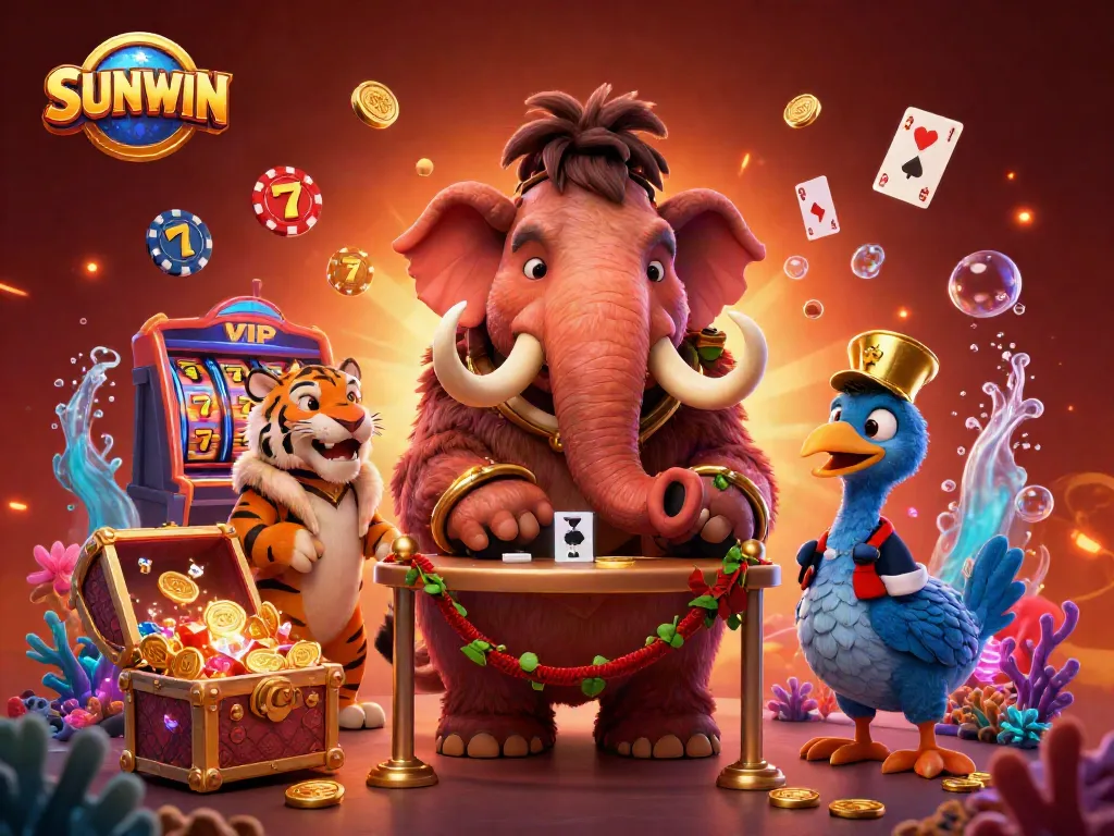 Experience the thrill of SUNWIN casino with a vibrant bouncer, VIP guest, and doorman amidst spinning slots and floating playing cards.