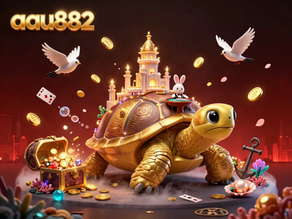 Experience thrilling gameplay at aau882 with a golden tortoise casino palace, rabbit dealer, and dynamic gaming elements.