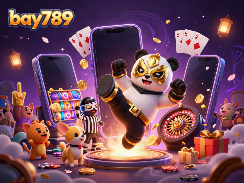 Experience the vibrant energy of bay789 through a dynamic 3D illustration of a panda wrestler and casino elements.