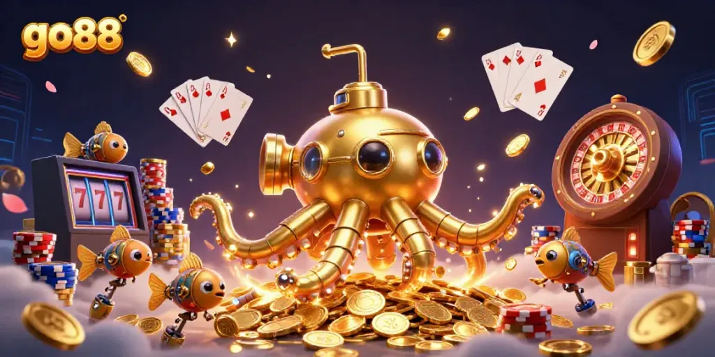 Experience thrilling gameplay at go88 with a vibrant 3D illustration of a golden kraken submarine amidst casino elements.