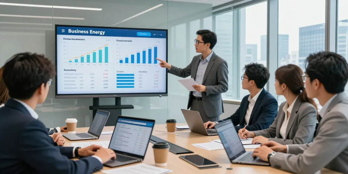 Team discussing business energy prices in a modern conference room, analyzing savings and supplier options.