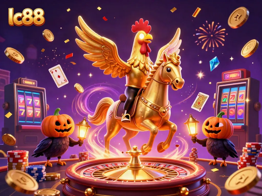 Experience thrilling gaming with lc88 in an enchanting midnight casino scene filled with vibrant characters and games.