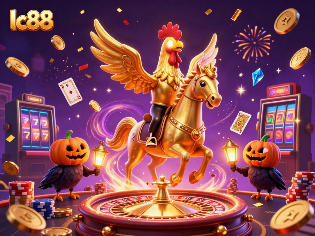 Experience thrilling gaming with lc88 in an enchanting midnight casino scene filled with vibrant characters and games.