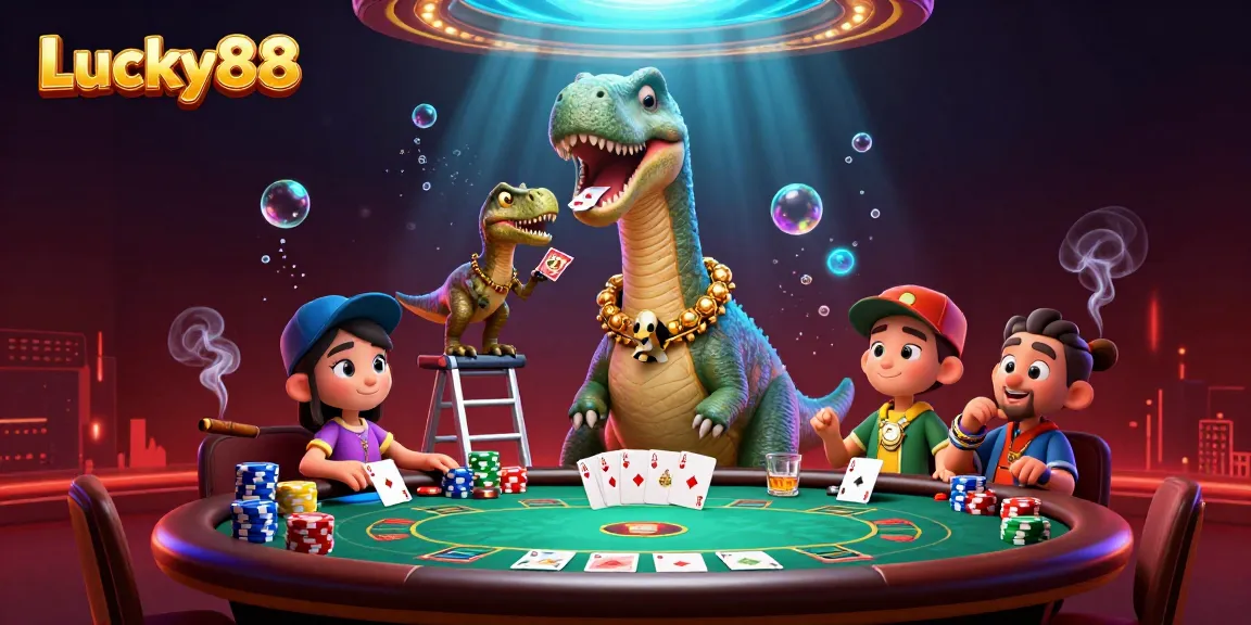 Experience the thrilling essence of Lucky88 with a dynamic 3D casino scene featuring vibrant characters and game elements.