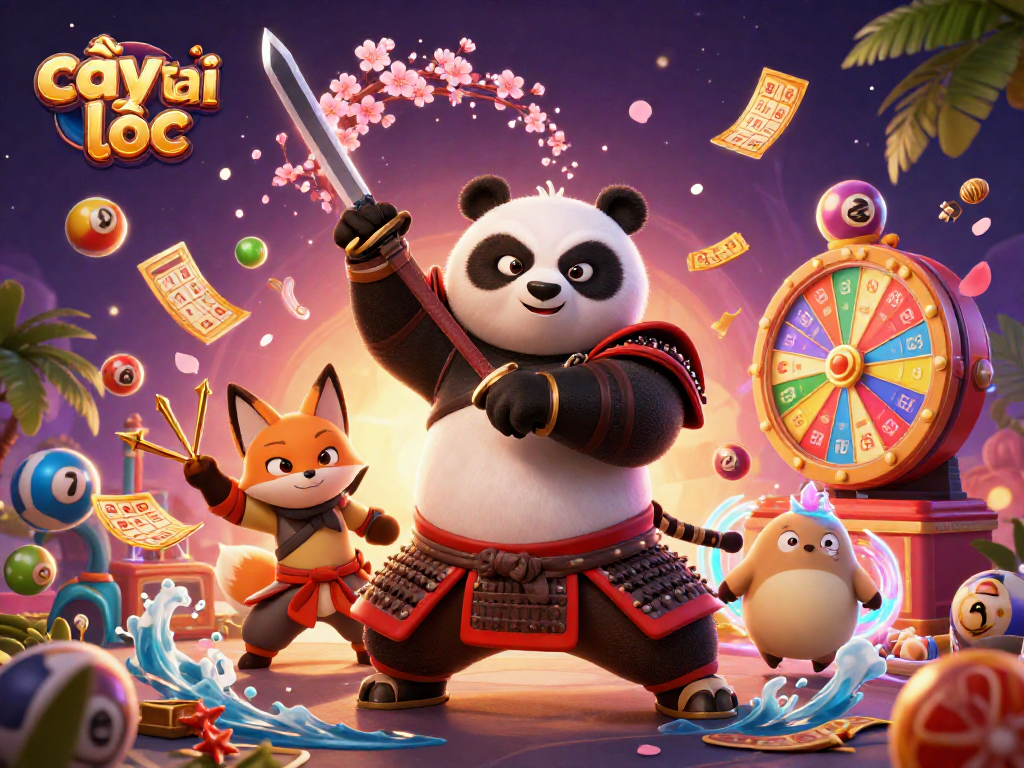 The fierce 3D cartoon samurai panda in magical 3D environment enhances the cây tài lộc gaming experience.