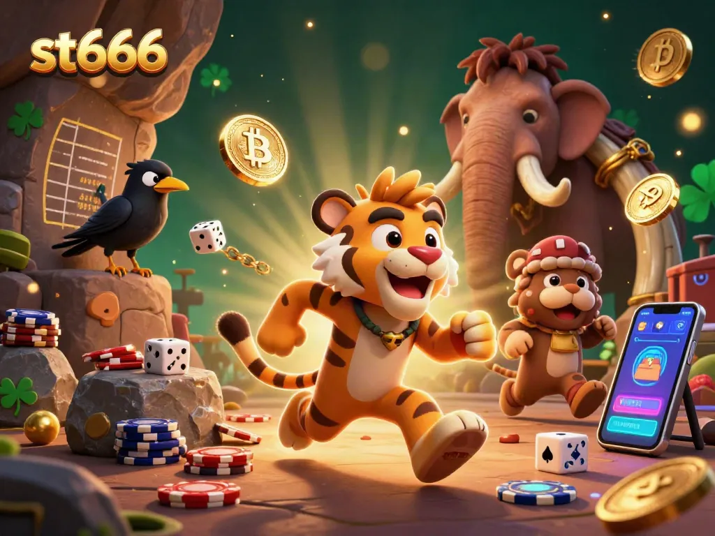 Play at st666 in a vibrant casino scene with cavemen, crypto elements, and action-packed gaming.