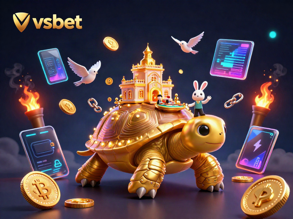 Engage in thrilling wins at VSBET with a spectacular 3D casino scene of a tortoise and dealer.