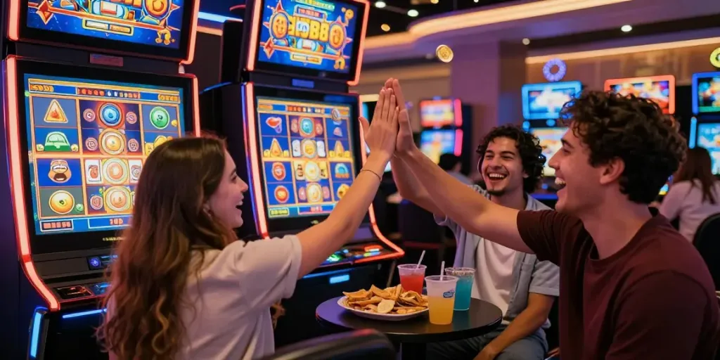 Engaging moment at a rokok88 slot machine with friends celebrating their wins in a vibrant casino.