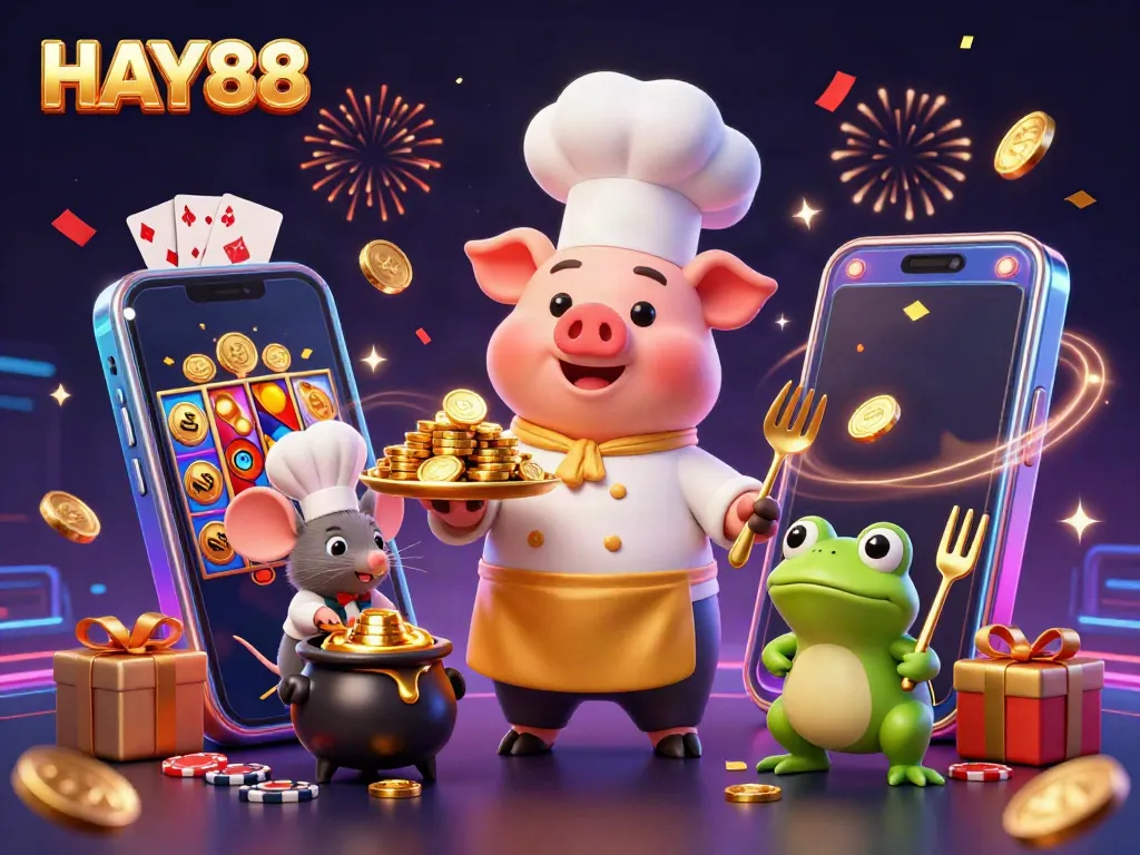 HAY88 delivers exciting casino experiences with vibrant characters enjoying a gold coin feast.