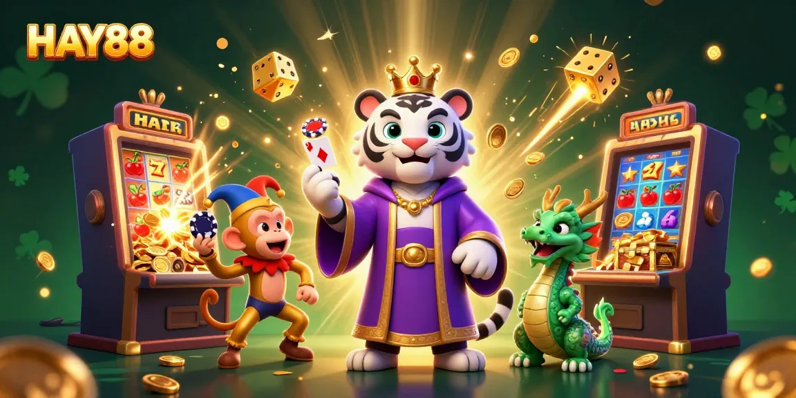 Raise your stakes with HAY88's vibrant casino scene featuring animated characters and thrilling game elements.