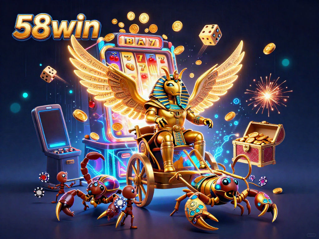 Experience the thrill of 58win with a vibrant 3D casino scene featuring jackpots and gaming elements.