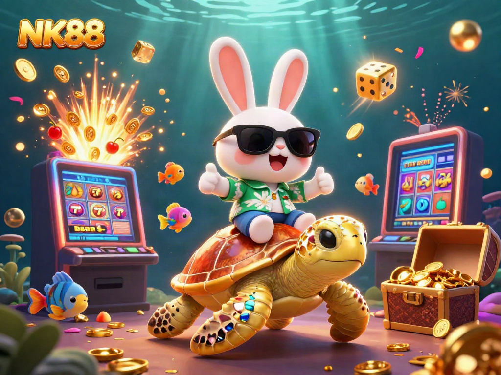 Experience the thrill of NK88 with a lucky rabbit and golden turtle in a vibrant casino scene.