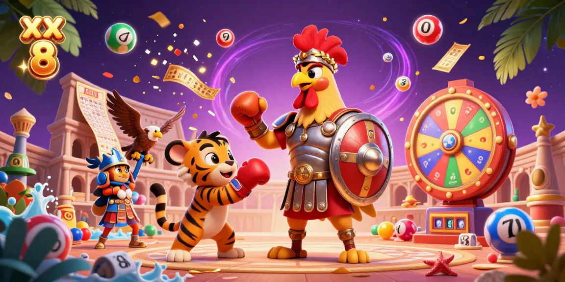 Join the exhilarating action of XX 8 as the gladiator rooster battles in a lively casino-themed colosseum, surrounded by colorful lottery elements.