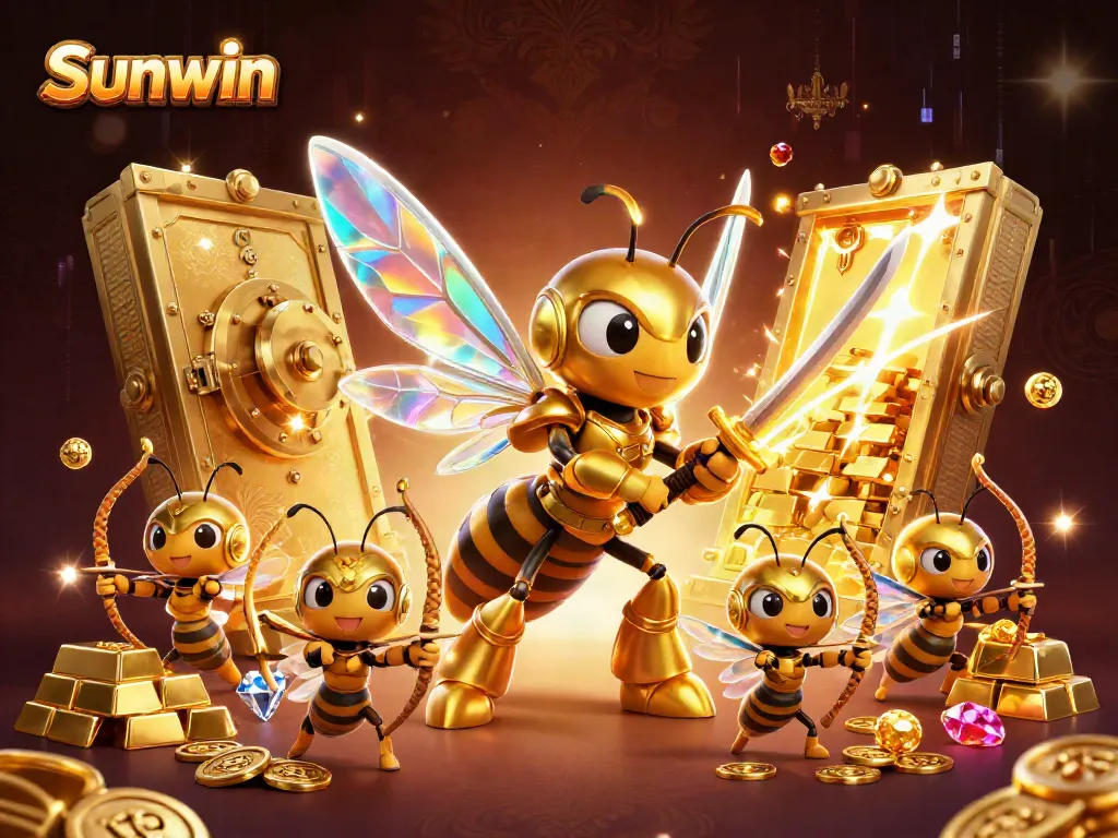 Engage with Sunwin as the golden hornet warrior protects treasures in an exciting casino adventure.
