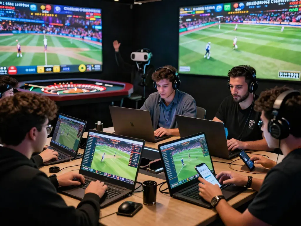 Engaged users on Lotus365 betting on cricket and football, vibrant casino atmosphere.