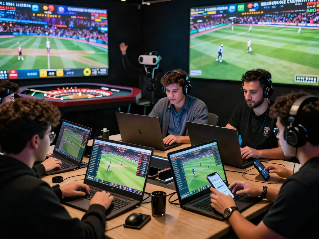 Engaged users on Lotus365 betting on cricket and football, vibrant casino atmosphere.