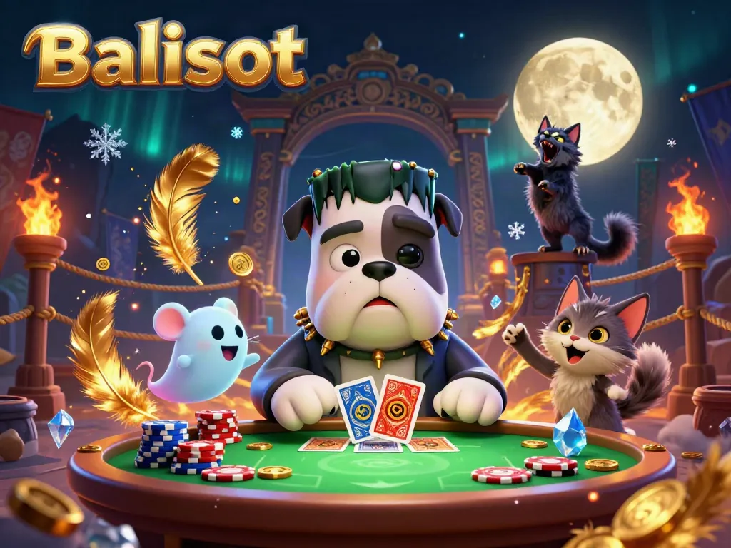 Balislot's exciting casino scene featuring a Frankenstein bulldog dealer delivering cards surrounded by vibrant game elements.