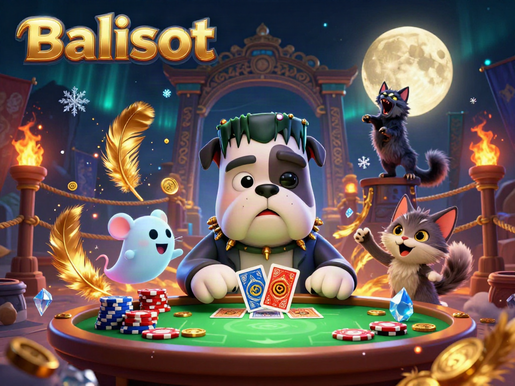 Balislot's exciting casino scene featuring a Frankenstein bulldog dealer delivering cards surrounded by vibrant game elements.