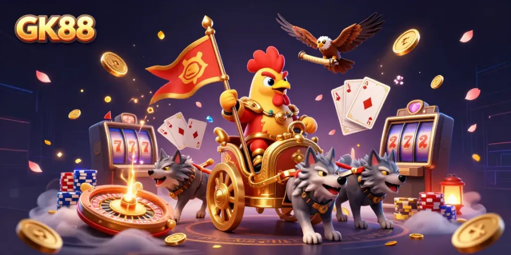Experience thrilling GK88 casino action with vibrant chariot race, coins, and cards.