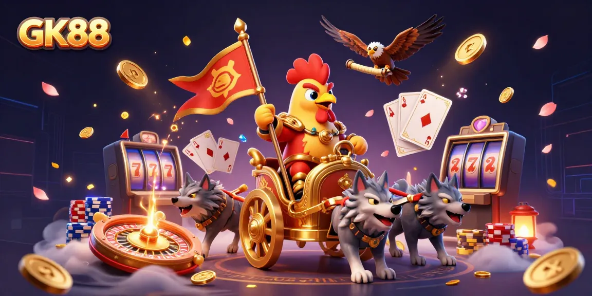 Experience thrilling GK88 casino action with vibrant chariot race, coins, and cards.