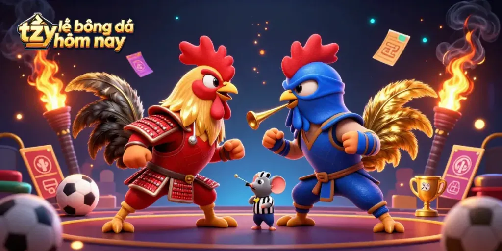 Experience thrilling sports betting action with tỷ lệ bóng đá hôm nay in a vibrant 3D clash of roosters.