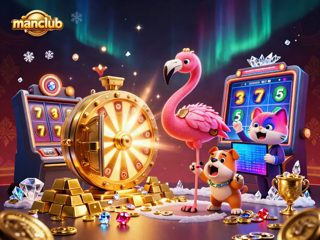Experience exciting gameplay at manclub with vibrant prize reveals and thrilling casino elements surrounding a lively scene.