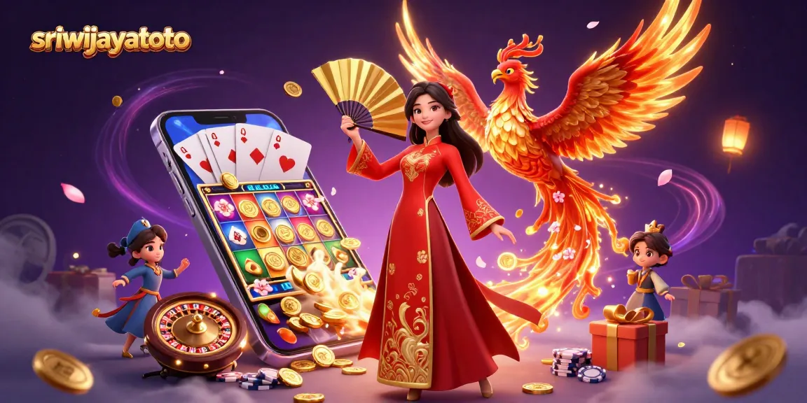 Sriwijayatoto showcases a vibrant online casino scene with a woman in traditional dress and dynamic game elements.