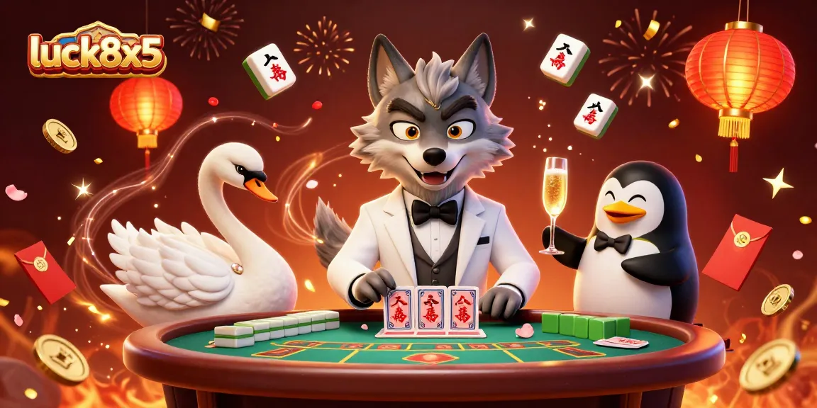 Enjoy an exciting game at luck8x5 as charming characters deal cards at a baccarat table.