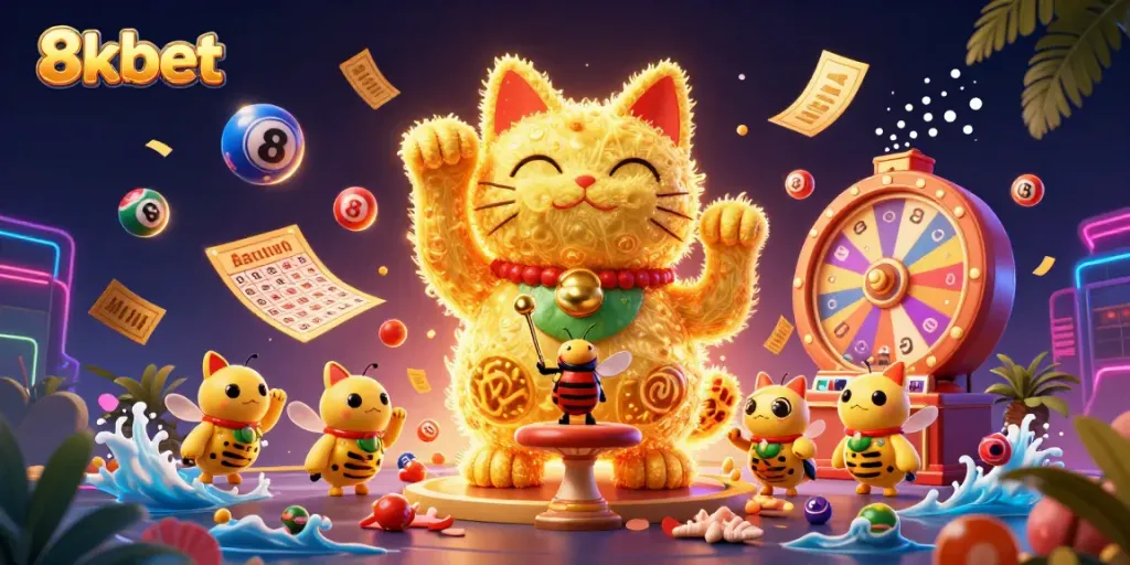 8xbet features a vibrant illustration of a lucky cat and gambling elements, showcasing dynamic casino action.