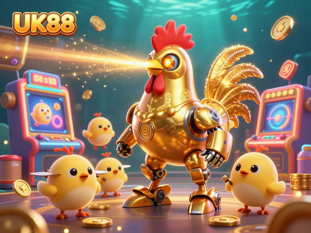 Experience exciting gameplay at UK88 with vibrant 3D visuals of a golden rooster bot showcasing casino elements.
