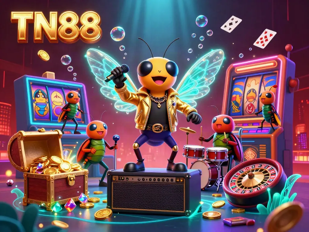 Engage in thrilling casino adventures with TN88, where a cartoon cicada rock star and beetle drummer celebrate luck.