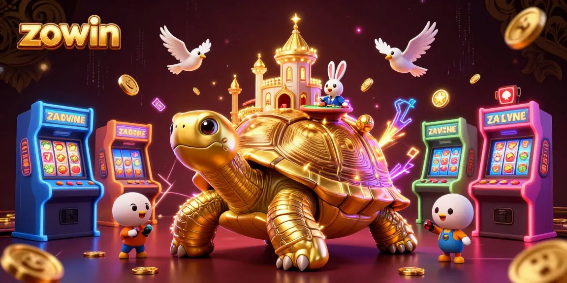 Zowin games feature a golden tortoise casino with dynamic gaming elements and a rabbit dealer.