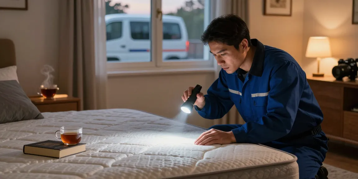 bed bug exterminator inspecting a mattress in a cozy bedroom setting, ensuring discreet pest control.