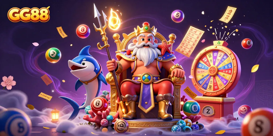 Join the excitement of GG88 with lottery balls and a vibrant prize wheel in this dynamic illustration.