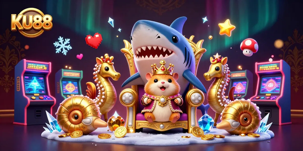 Engage with KU88's exciting gaming experience featuring a golden hamster king on a megalodon throne surrounded by vibrant casino elements.