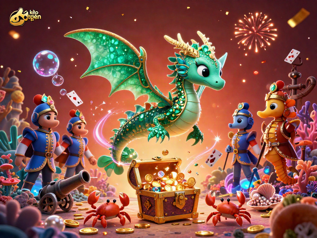 Engage in thrilling kèo trực tuyến with a vibrant sea dragon and treasure scene, highlighting underwater excitement and winnings!