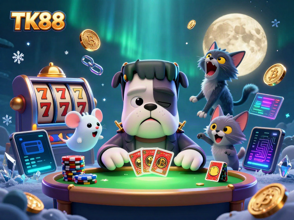 Engage with TK88 as a Frankenstein bulldog deals cards at a spooky casino table with a ghost mouse.