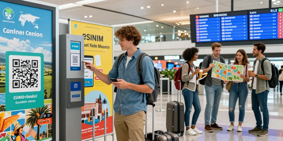 Traveler activating CocoRoam eSIM at bustling airport terminal ready for global adventures.