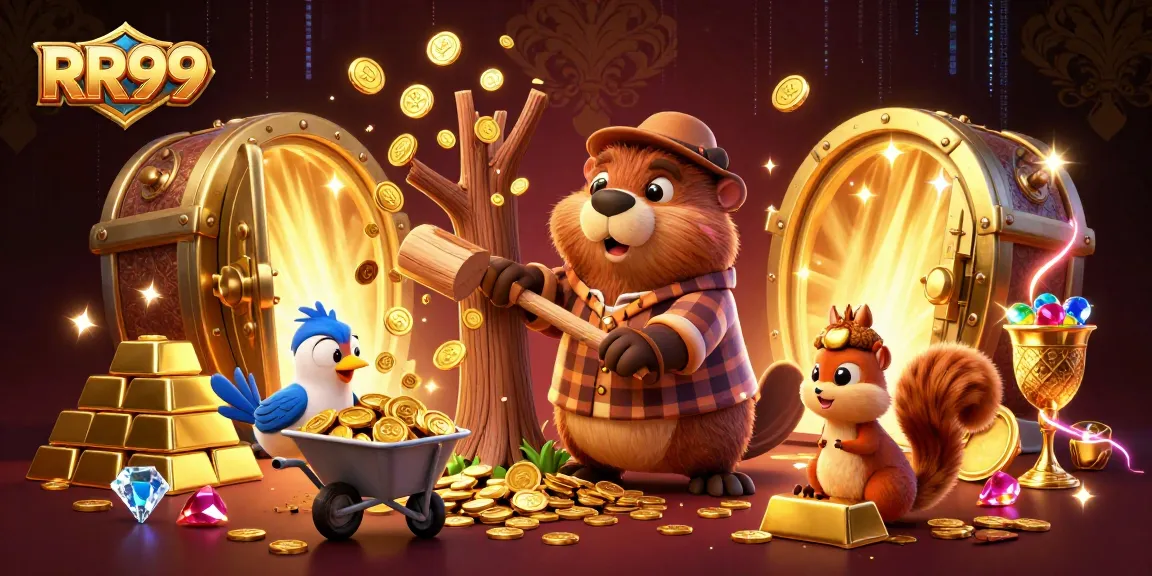 Chop wood for gold coins in a vibrant RR99-themed casino scene with cartoon beaver and friends.