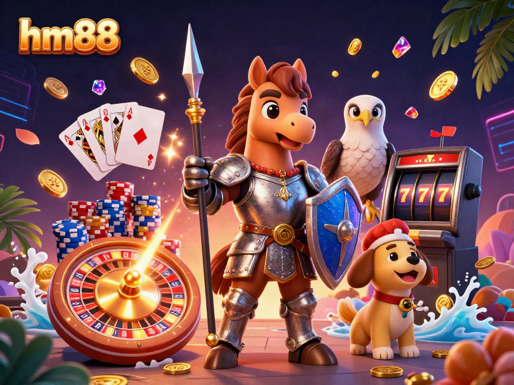 Experience thrilling gaming adventures with hm88, featuring a knight, puppy, and falcon amid vibrant casino elements.